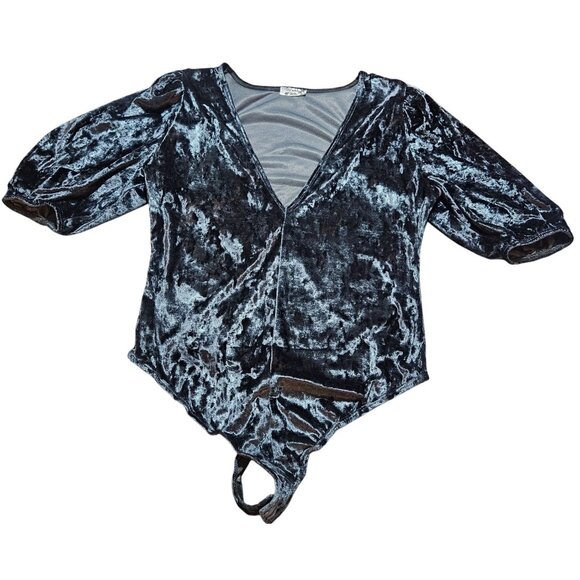 Gorgeous Free People Crushed Velvet Puff Sleeve V-Neck Bodysuit Charcoal Gray S - Picture 6 of 16